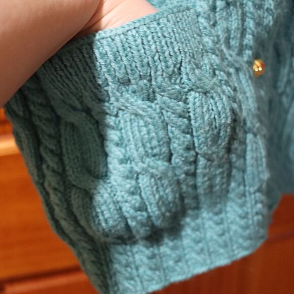 Vintage Heavy Cable Knit Chunky Gold-Button Cardigan Sweater Large Wool Blend - Picture 10 of 12